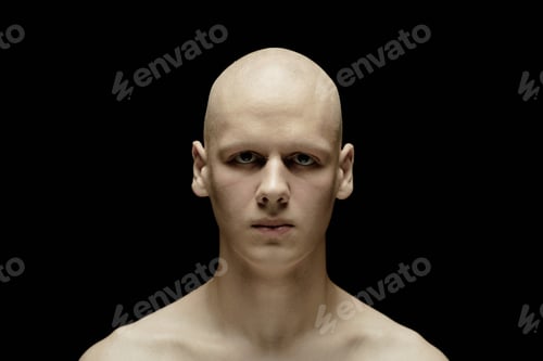 Preview: Portrait of Pale Bald Man Seriously Looking at Camera with Scary Look in Dark Studio