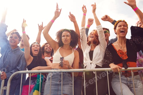 Preview: Cheering Young Friends In Audience Behind Barrier At Outdoor Festival Enjoying Music