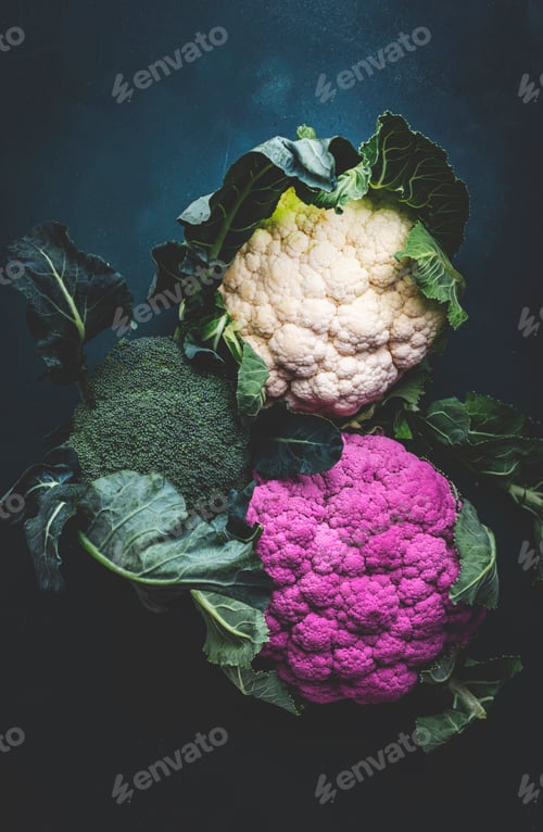 Preview: Food background with white and lilac cauliflowe and broccoli cabbage from local farm market