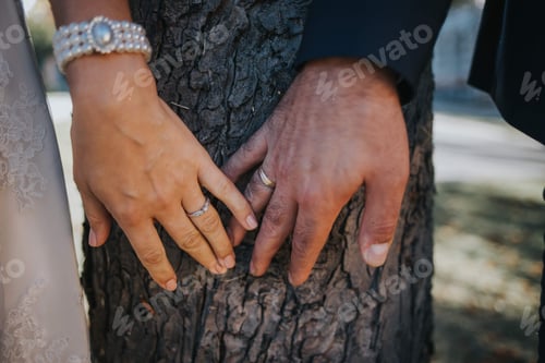 Preview: Closeup shot of a newly married couple hands on a tree trunk