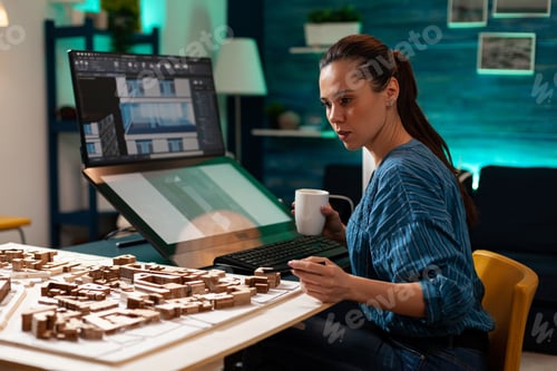 Preview: Woman with architect occupation working on blueprint