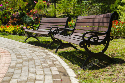 Preview: two rustic chairs next to the path in a beautiful parcel