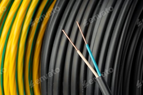 Preview: Close Up Of Black Electrical Wire Coil With Blue And White Wires