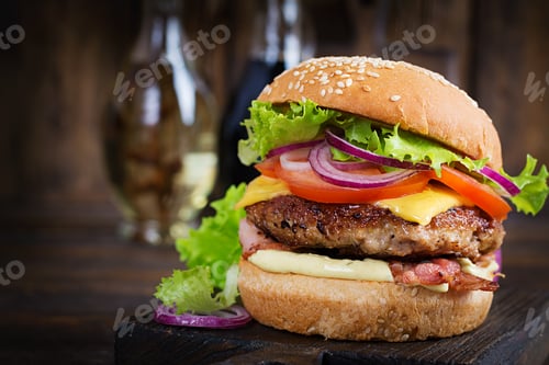 Preview: Hamburger with bacon, turkey burger meat, cheese, tomato and lettuce