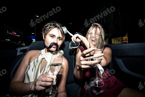 Preview: Party girls celebrate in Hollywood drinking champagne on a covertible car