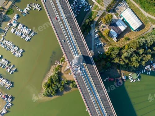 Preview: View of Ada Ciganlija from aerial drone and Most na Adi bridge over Sava River. Belgrade - Serbia