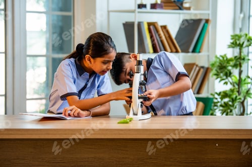 Preview: Uniformed Indian students examine plant samples under microscope and take notes in science class