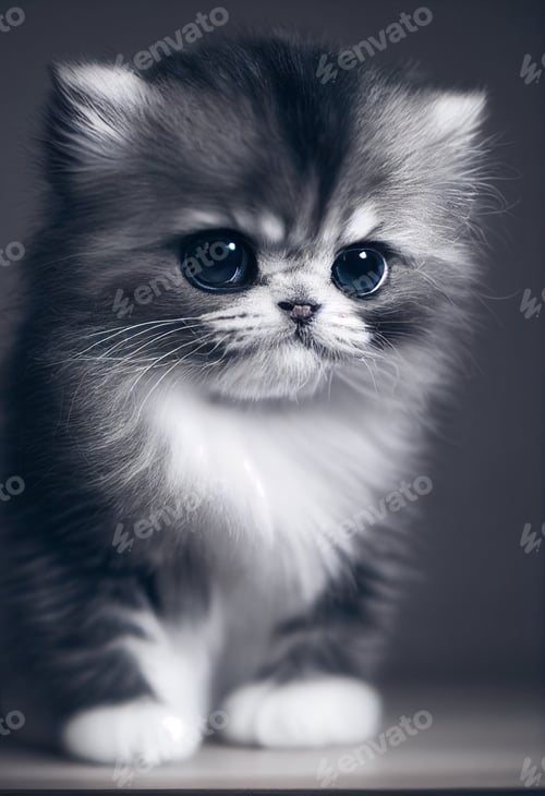 Preview: Tiny cute adorable gray tabby kitten, with black background,studio lighting.Adopt a puppy,pure breed