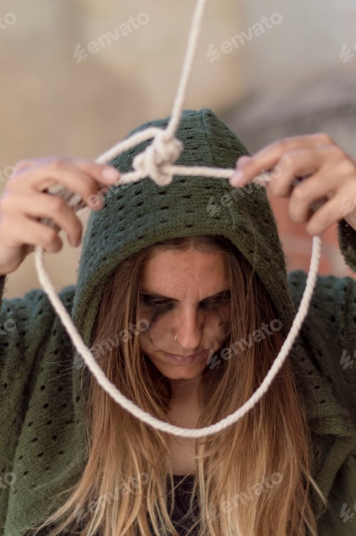 Preview: Depressive woman think about suicide wearing a noose around her neck.