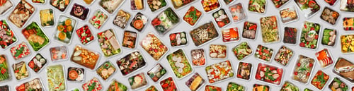 Preview: Set Of Take Away Foil Boxes With Healthy Meals Over White Background