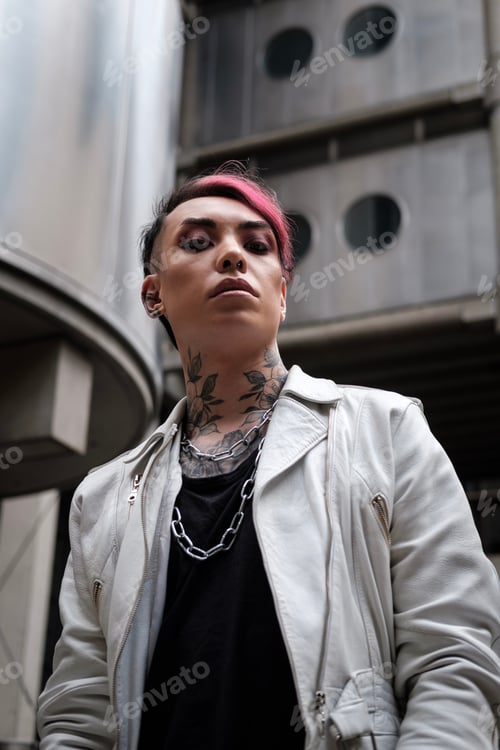 Preview: Moody portrait of androgynous non-binary model in futuristic environment.