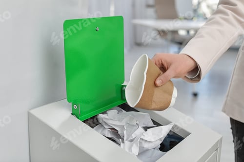 Preview: Woman putting used paper cup into trash bin in modern office, closeup. Waste recycling