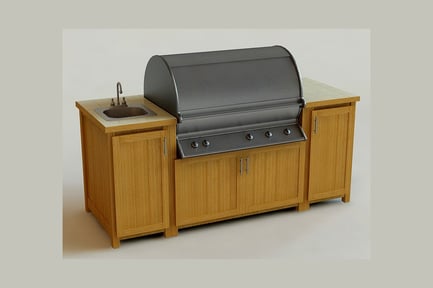 Visualização: Cozinha ao ar livre com churrasqueira e pia de aço inoxidável