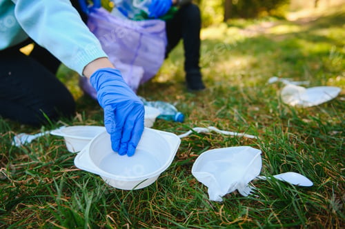 Preview: hand puts plastic debris in the garbage bag in the park