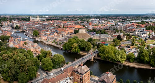 Preview: Aerial landscape panorama of the River Ouse and a York cityscape skyline