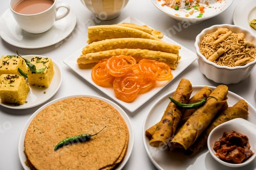 Preview: Group of Gujarati snacks food from India