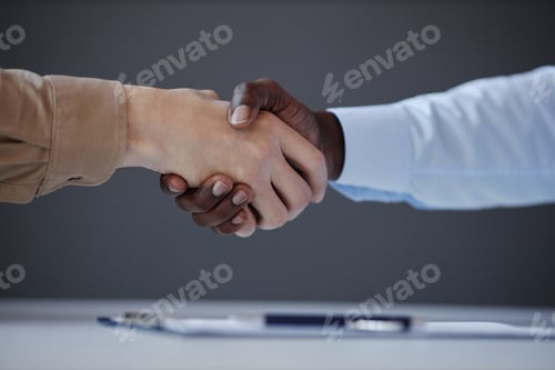 Preview: Unrecognizable candidate shaking hands with recruiter at job interview