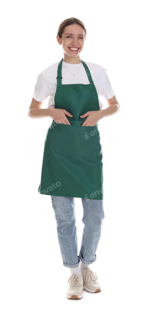 Preview: Smiling cleaning service worker on white background