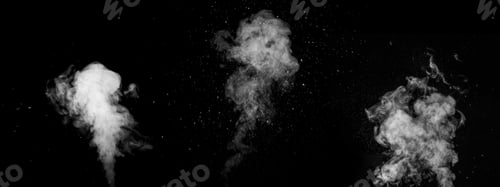 Preview: set of three different curly white vapor rising up, spraying water in different directions on black
