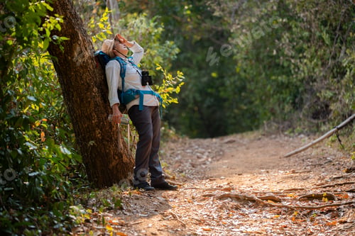 Preview: Senior woman is hiking outdoors, enjoying nature expression looks into the distance observing