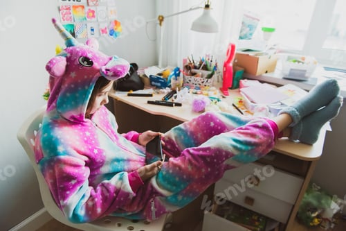 Preview: Teen girl using phone, playing phone games in messy childrens room, kid playing among the many toys