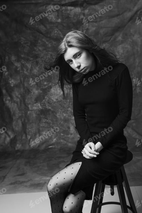Preview: Beautiful Feminine Girl In A Dress On A Canvas Background. Art Portrait