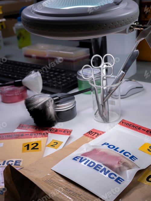 Preview: Files and evidence bag in a crime lab, conceptual image