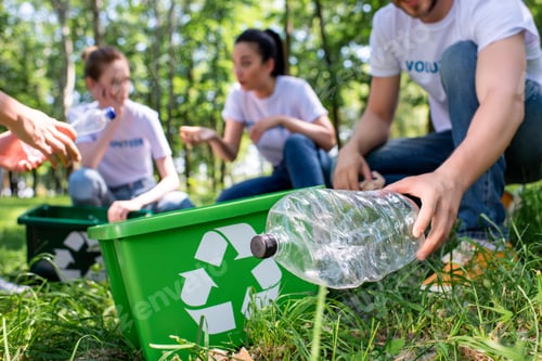 Preview: cropped view of volunteers with recycling box cleaning park together