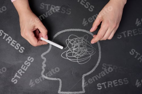 Preview: Chalk-drawn silhouette of a human head, a hand writing the word stress on a black chalkboard