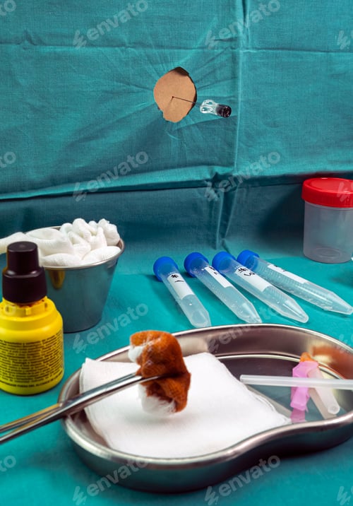 Preview: Needle for lumbar puncture together with anesthesia and antibiotic to extract cerebrospinal fluid