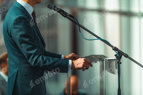 Preview: Male Speaker Standing In Front Of Microphones