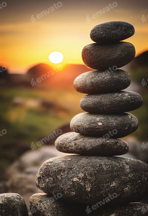 Preview: Vertical shot of balanced pebbles with a sunset in the background