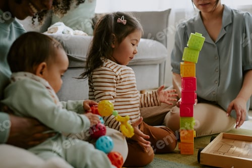 Preview: Asian Little Girl Playing with Bricks