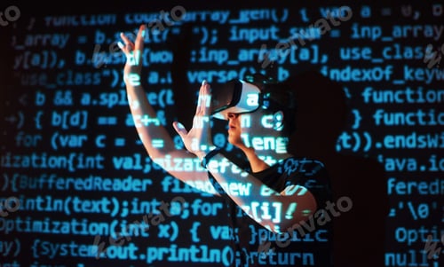 Preview: Double exposure of a caucasian man and Virtual reality headset is presumably a gamer or a hacker