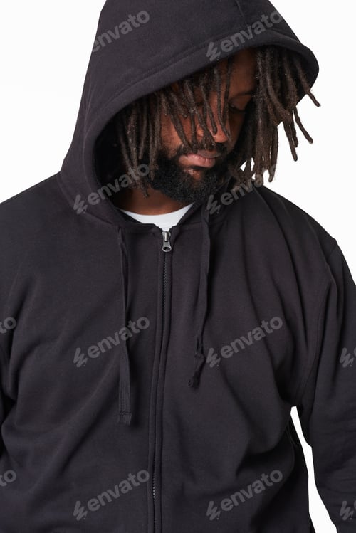 Preview: Men's gray hoodie mockup fashion shoot in studio
