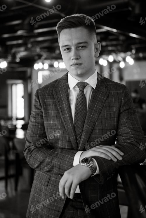 Preview: portrait of a groom in a gray plaid suit with a tie