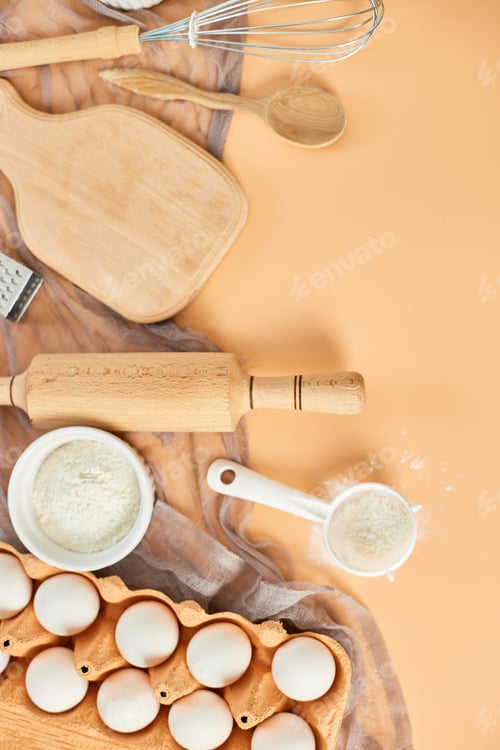 Preview: Bakery or cooking frame, ingredients, kitchen items for pastry