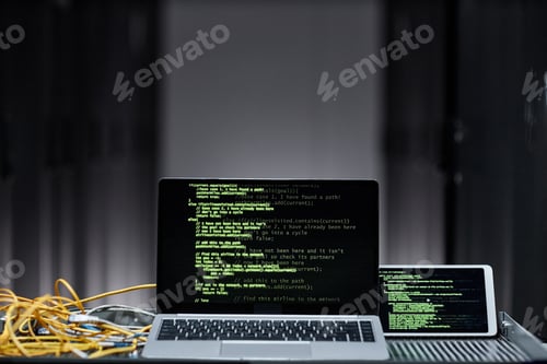 Preview: Minimal background laptop computer with green code lines