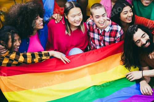Preview: Diverse people having fun holding LGBT rainbow flag outdoor