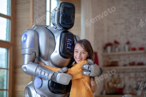 Preview: Picture of cute girl and big robot in the kitchen