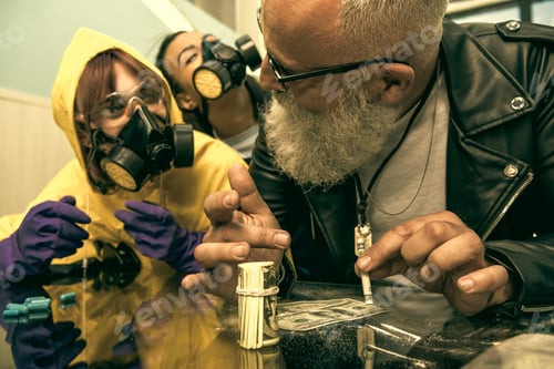 Preview: grey hair man with beard taking drugs with women in personal protective equipment, drugs concept