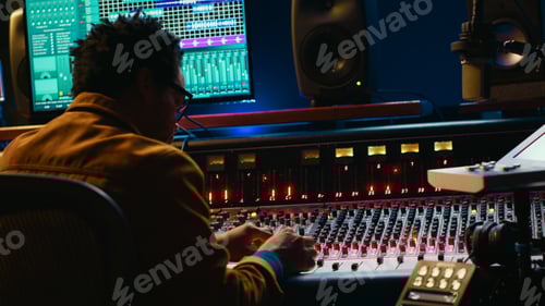 Preview: African american audio engineer using sound mixing console for managing tracks
