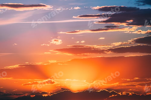 Preview: Sunshine In Sunrise Bright Dramatic Sky. Scenic Colorful Sky At Dawn. Sunset Sky Natural Abstract