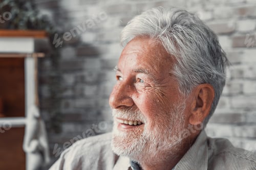 Preview: Handsome older man smiling staring at camera feels happy, close up face view. Senior