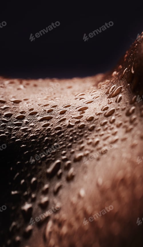 Preview: Skin, water drops and wet body of a person for dermatology, skincare and hygiene. Zoom on aesthetic