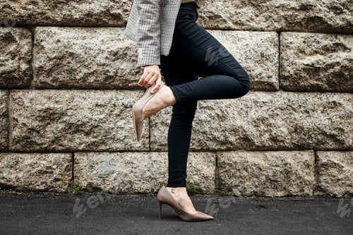 Preview: Outdoor, heels fix and business woman on road with shoes and job fashion on work commute. City trav