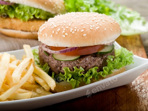 Preview: sandwich with hamburger and fried potatoes