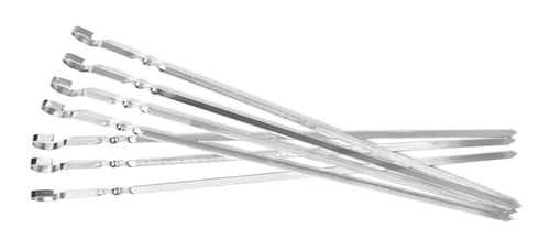 Preview: Metal skewers on white background, top view. Barbecue utensil