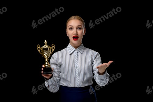 Preview: Business woman blonde surprised cute girl holding golden prize with red lipstick in office outfit