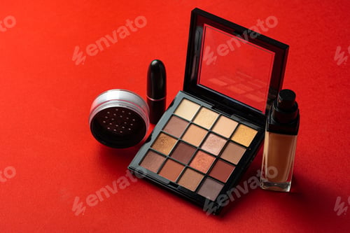 Preview: Set of cosmetics isolated over red background.